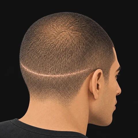 Back of a man’s closely shaved head with a scar across the scalp