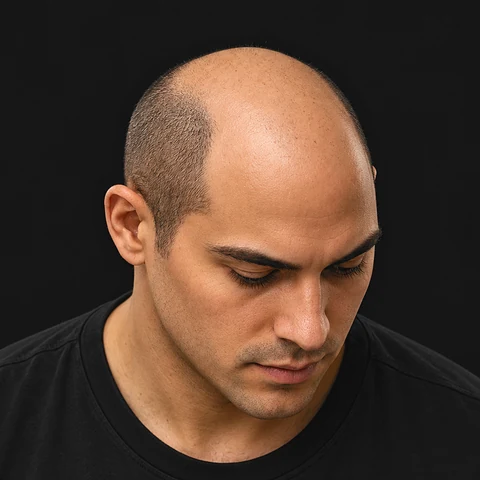 Man looking down, showing a bald crown and a receded hairline