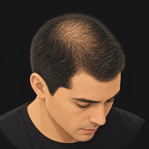 Top-down view of a man’s head with thinning hair at the crown